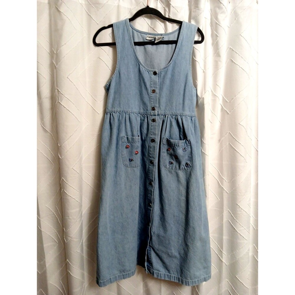 Vintage Jumper Dress Jean Button Front Applique Flower Pocket sz PM